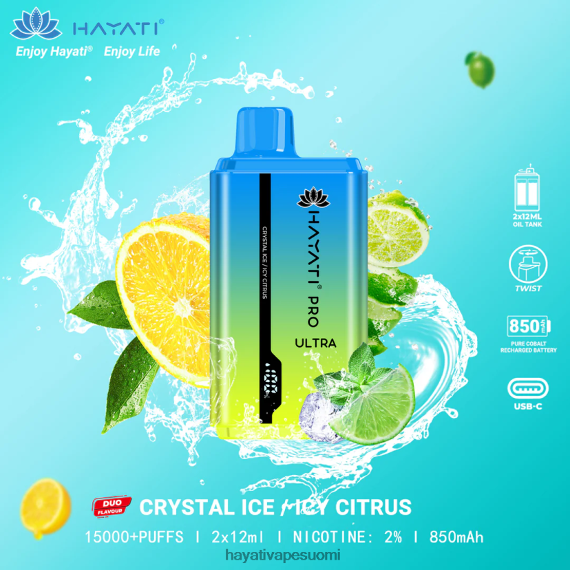 Hayati Flavour List - Hayati Pro Ultra kertakäyttöinen 15 000 suihketta 468Z4J218 kristallijää / jäinen sitrushedelmä
