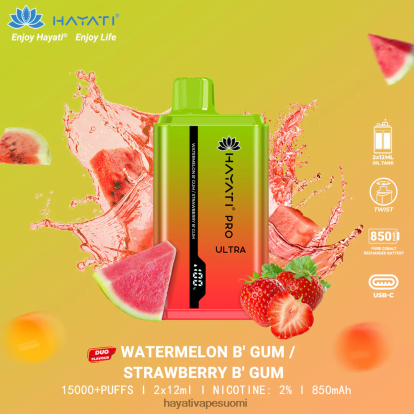 Hayati Flavours - Hayati Pro Ultra kertakäyttöinen 15 000 suihketta 468Z4J227 vesimeloni vaahto-/mansikkapuru