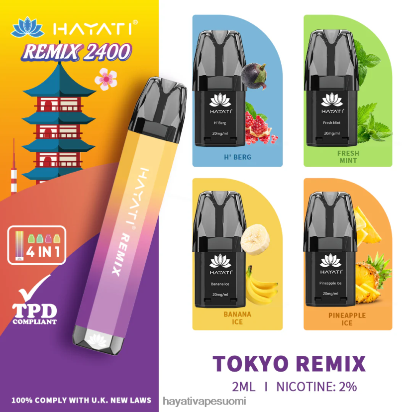 Hayati Flavour List - Hayati Remix esitäytetty pod-järjestelmä 2400 suihketta 468Z4J58 tokyo remix
